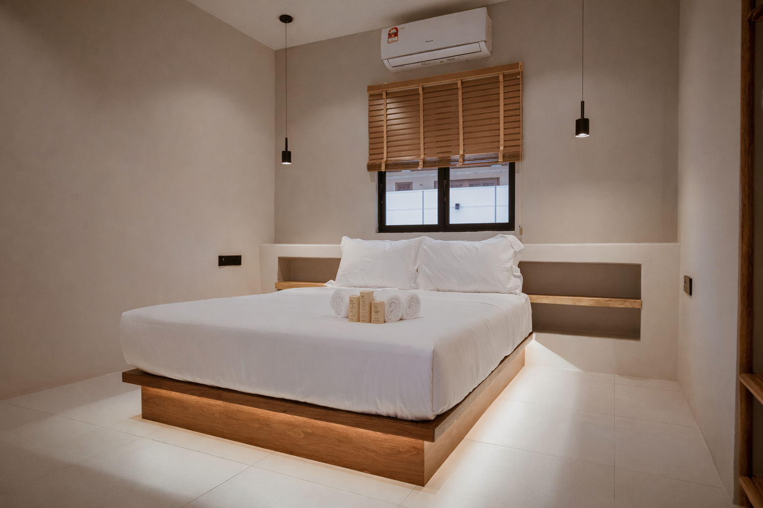 A queen bed in an air-conditioned room.